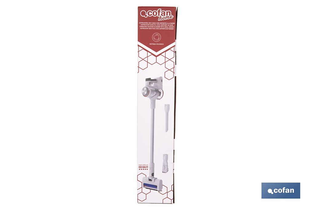 Aspirateur électrique sans fil | Puissance d'aspiration : 180 AW | Puissance cyclonique : 32 kPa | Support mural inclus | 4 vitesses | Filtre HEPA lavable | Batterie au lithium : 25,9 V | Couleur : blanc - Cofan