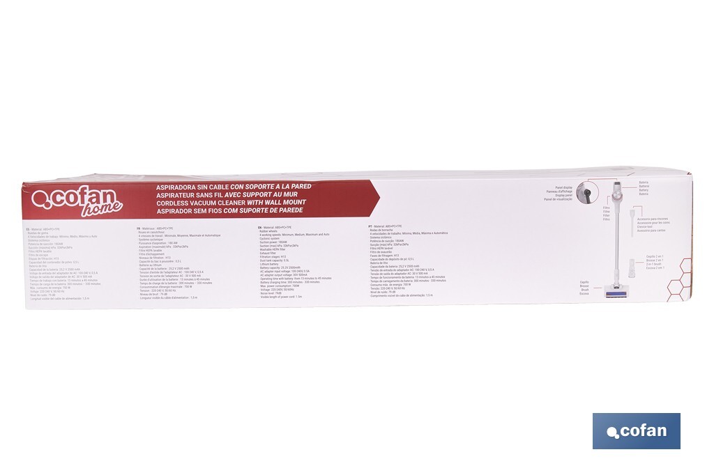 Aspirateur électrique sans fil | Puissance d'aspiration : 180 AW | Puissance cyclonique : 32 kPa | Support mural inclus | 4 vitesses | Filtre HEPA lavable | Batterie au lithium : 25,9 V | Couleur : blanc - Cofan