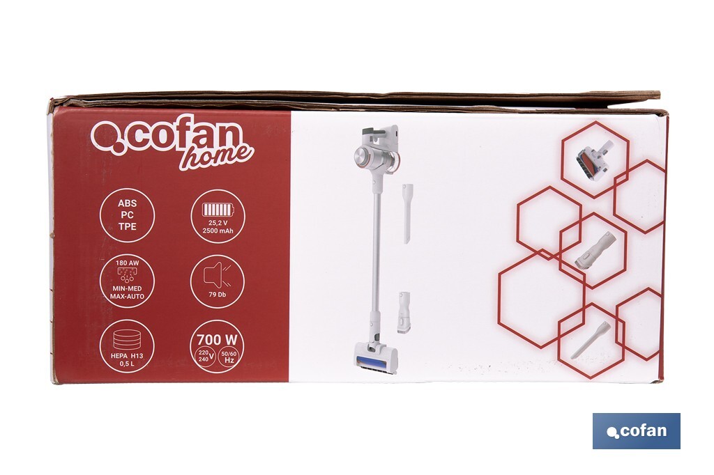 Aspirateur électrique sans fil | Puissance d'aspiration : 180 AW | Puissance cyclonique : 32 kPa | Support mural inclus | 4 vitesses | Filtre HEPA lavable | Batterie au lithium : 25,9 V | Couleur : blanc - Cofan