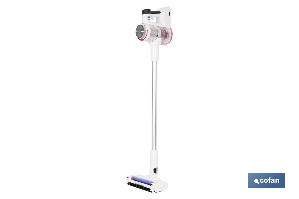 Aspirateur électrique sans fil | Puissance d'aspiration : 180 AW | Puissance cyclonique : 32 kPa | Support mural inclus | 4 vitesses | Filtre HEPA lavable | Batterie au lithium : 25,9 V | Couleur : blanc - Cofan