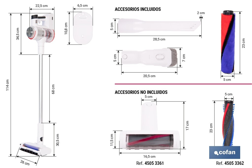 Aspirateur électrique sans fil | Puissance d'aspiration : 180 AW | Puissance cyclonique : 32 kPa | Support mural inclus | 4 vitesses | Filtre HEPA lavable | Batterie au lithium : 25,9 V | Couleur : blanc - Cofan