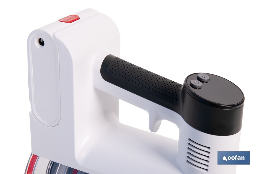 Aspirateur électrique sans fil | Puissance d'aspiration : 180 AW | Puissance cyclonique : 32 kPa | Support mural inclus | 4 vitesses | Filtre HEPA lavable | Batterie au lithium : 25,9 V | Couleur : blanc - Cofan