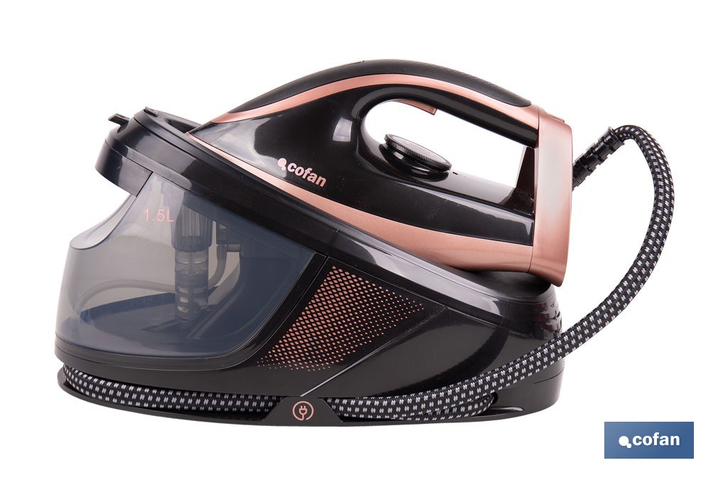 Centro de planchado con depósito de agua extraíble 1,5 litros | Potencia: 3100 W y 8 bares | Suela de cerámica y función de autolimpieza - Cofan