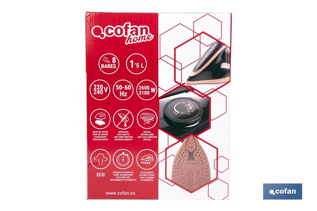 Centro de planchado con depósito de agua extraíble 1,5 litros | Potencia: 3100 W y 8 bares | Suela de cerámica y función de autolimpieza - Cofan