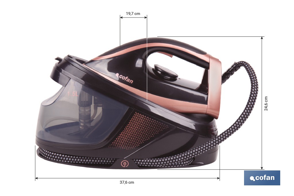 Centro de planchado con depósito de agua extraíble 1,5 litros | Potencia: 3100 W y 8 bares | Suela de cerámica y función de autolimpieza - Cofan