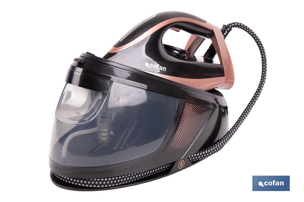 Centro de planchado con depósito de agua extraíble 1,5 litros | Potencia: 3100 W y 8 bares | Suela de cerámica y función de autolimpieza - Cofan