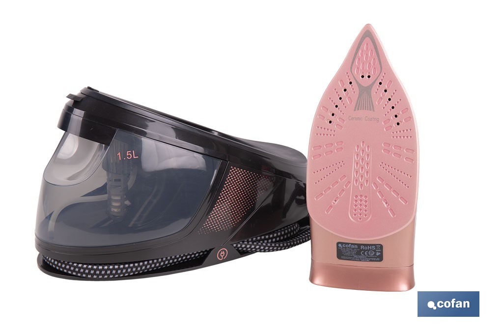 Centro de planchado con depósito de agua extraíble 1,5 litros | Potencia: 3100 W y 8 bares | Suela de cerámica y función de autolimpieza - Cofan