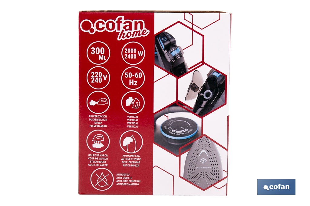 Plancha de vapor con suela de cerámica de doble capa | Potencia de 2400 W y depósito de 300 ml | Función vapor vertical y termostato ajustable - Cofan