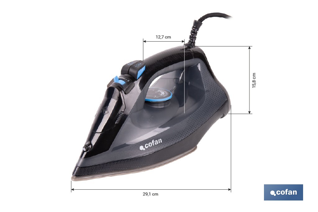 Plancha de vapor con suela de cerámica de doble capa | Potencia de 2400 W y depósito de 300 ml | Función vapor vertical y termostato ajustable - Cofan