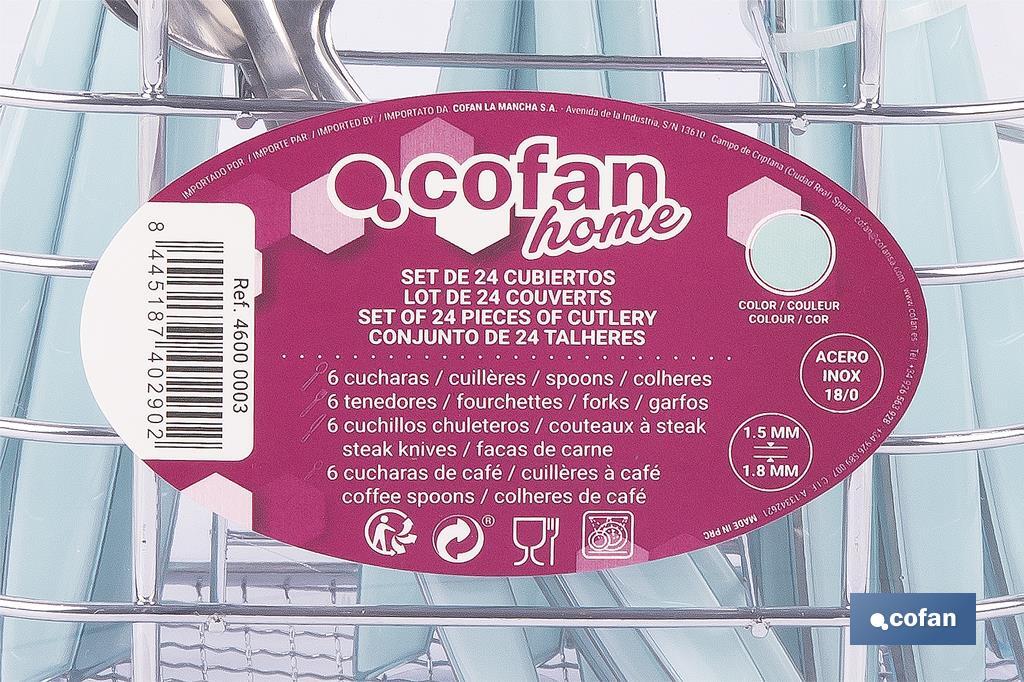 Set de 24 cubiertos de acero Inoxidable | Diferentes colores | Diseño Moderno y Funcional - Cofan