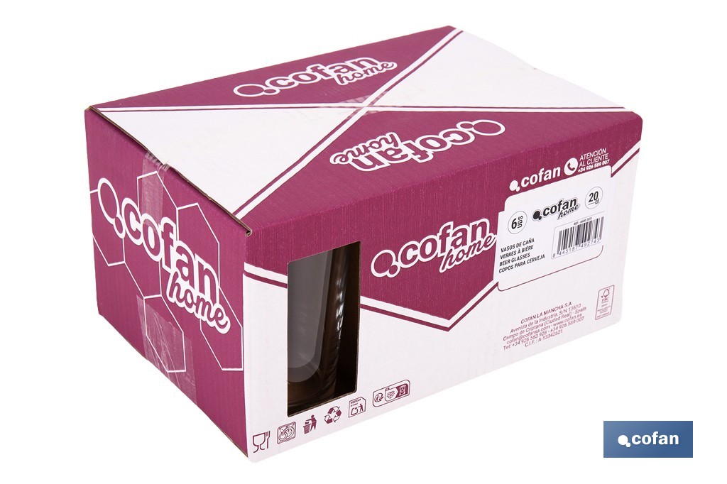 Pack de 6 vasos de caña de vidrio templado | Capacidad: 200 ml | Adecuado para cerveza, agua, refrescos y zumos - Cofan