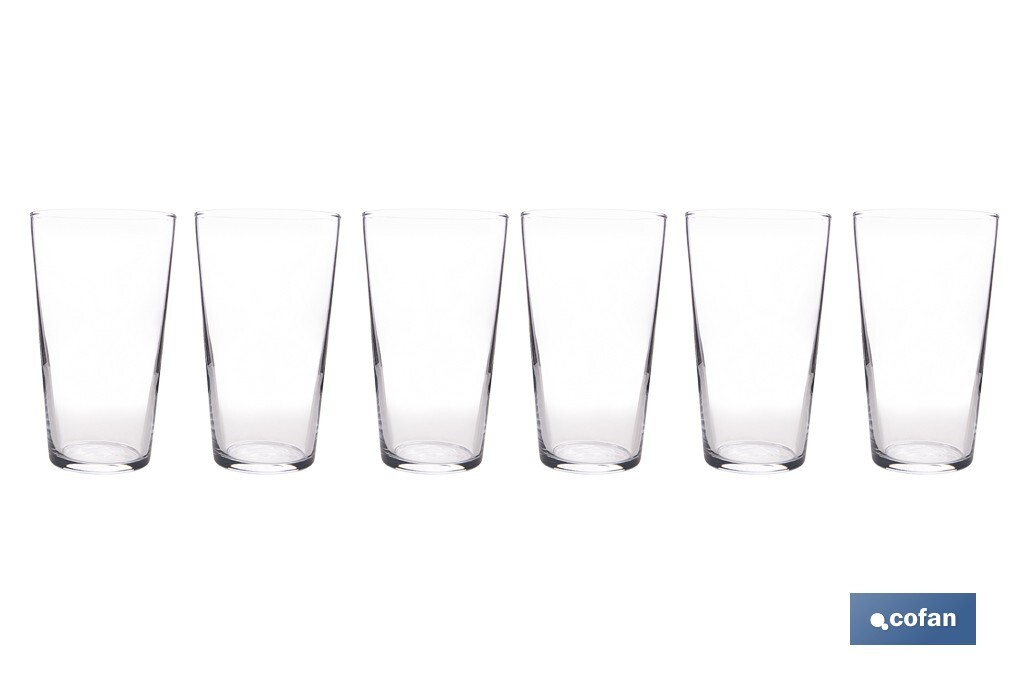 Pack de 6 vasos de combinado | Material: vidrio transparente | Capacidad: 47 cl | Calidad profesional | Ideales para cubatas, agua, cerveza, refrescos - Cofan