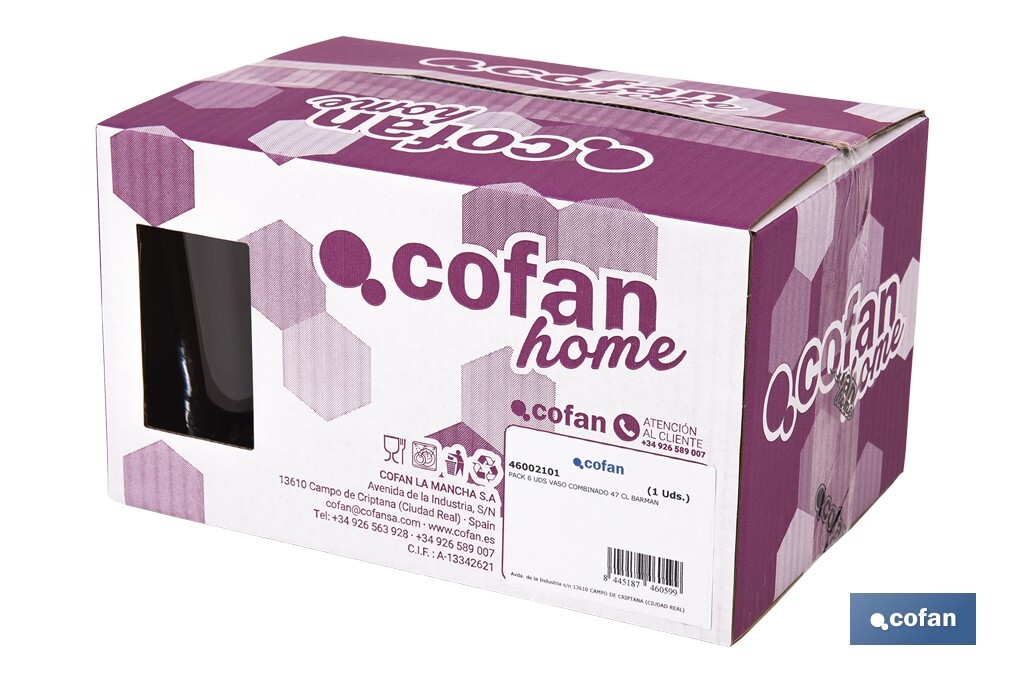 Pack de 6 vasos de combinado | Material: vidrio transparente | Capacidad: 47 cl | Calidad profesional | Ideales para cubatas, agua, cerveza, refrescos - Cofan