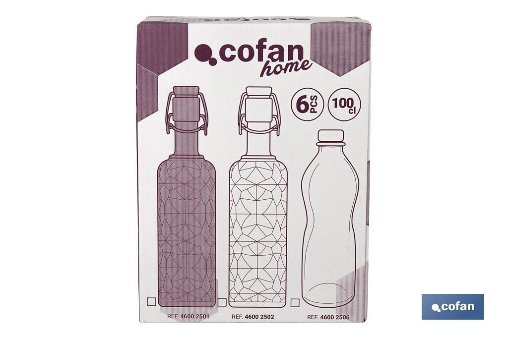 Botella de vidrio transparente con tapón de acero inoxidable | Capacidad: 1 litro - Cofan