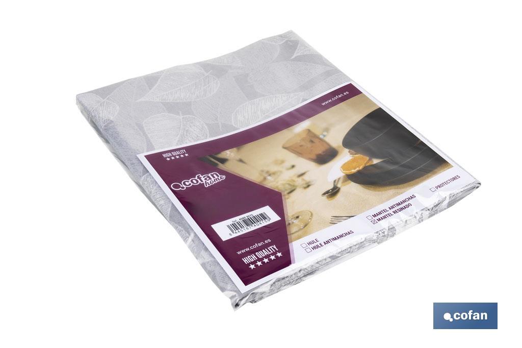 Mantel resinado antimanchas | Diseño moderno con hojas | Color: gris y blanco | Materiales: algodón y poliéster | Disponible en diferentes medidas - Cofan