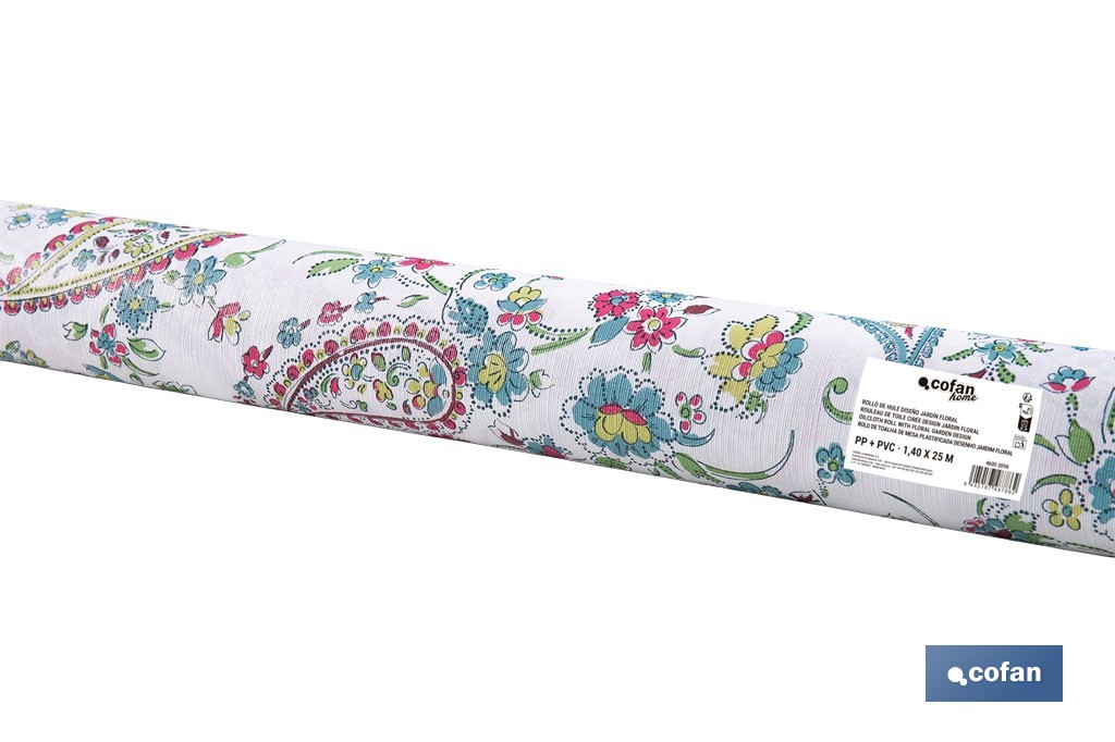 Rollo de hule estampado jardín floral | Materiales: PVC y tela no tejida de polipropileno | Fácil limpieza | Medidas 1,40 x 25 m - Cofan