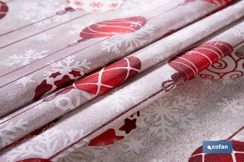 Rollo de mantel resinado antimanchas con bolas de Navidad | Materiales: 75 % algodón y 25 % poliéster | Diseño navideño, fácil de limpiar - Cofan