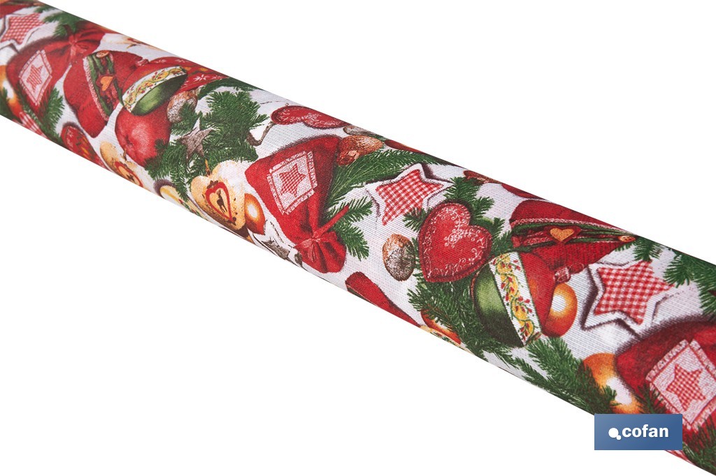 Rollo de mantel resinado antimanchas con adornos y ramas de abeto | Materiales: 75 % algodón y 25 % poliéster | Diseño navideño, fácil de limpiar - Cofan