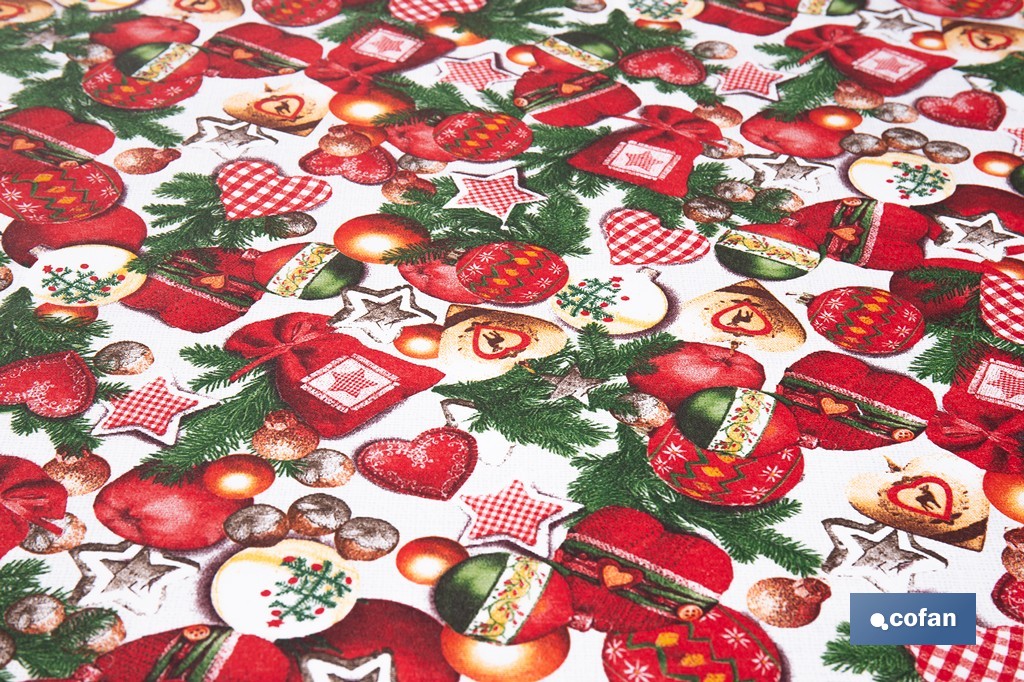Rollo de mantel resinado antimanchas con adornos y ramas de abeto | Materiales: 75 % algodón y 25 % poliéster | Diseño navideño, fácil de limpiar - Cofan