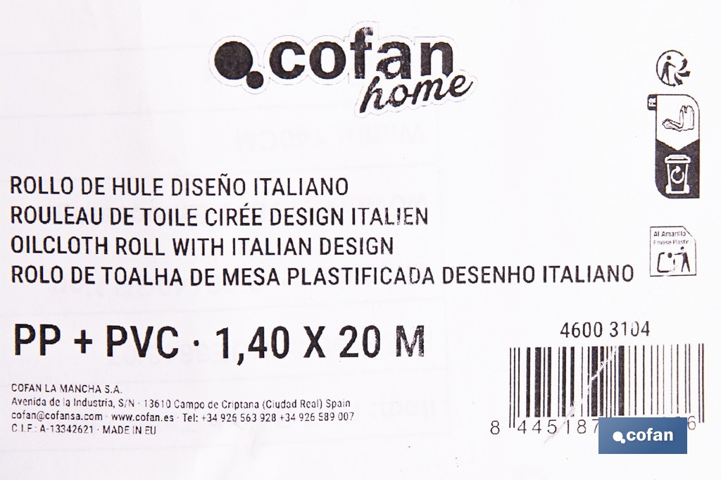 Rollo de hule con diseño campestre e italiano | Materiales: polipropileno y PVC | Gran resistencia a líquidos y manchas | Medidas 1,40 x 20 m - Cofan