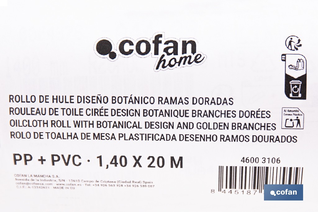 Rollo de hule estampado botánico con ramas doradas | Materiales: polipropileno y PVC | Gran resistencia a líquidos y manchas | Fácil limpieza | Medidas 1,40 x 20 m - Cofan