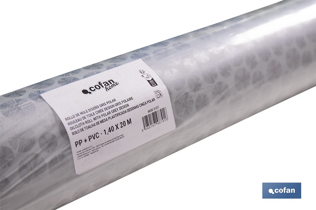 Rollo de hule estampado gris polar | Materiales: polipropileno y PVC | Gran resistencia a líquidos y manchas | Fácil limpieza | Medidas 1,40 x 20 m - Cofan