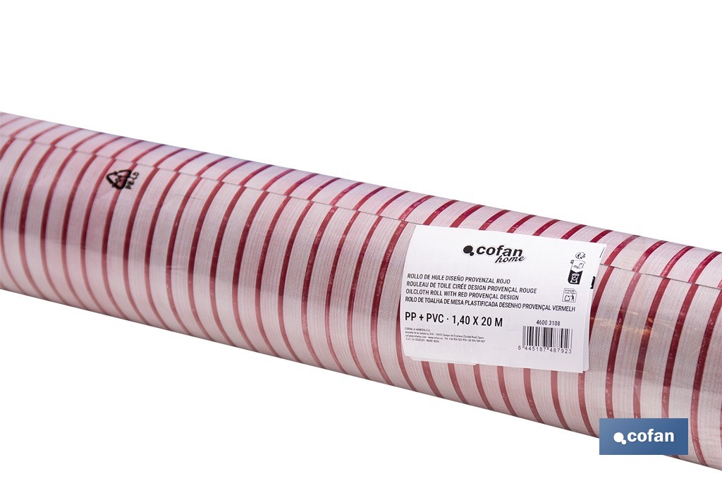 Rollo de hule estampado provenzal rojo | Materiales: polipropileno y PVC | Gran resistencia a líquidos y manchas | Fácil limpieza | Medidas 1,40 x 20 m - Cofan