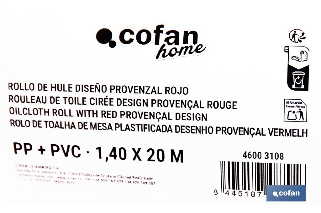Rollo de hule estampado provenzal rojo | Materiales: polipropileno y PVC | Gran resistencia a líquidos y manchas | Fácil limpieza | Medidas 1,40 x 20 m - Cofan