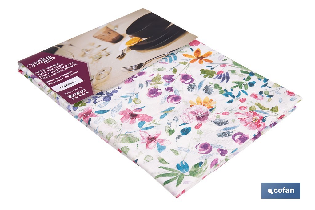 Mantel antimanchas resinado diseño prado silvestre | Materiales: 50 % algodón y 50 % poliéster | Fácil de limpiar | Mantel redondo de 1,40 m - Cofan