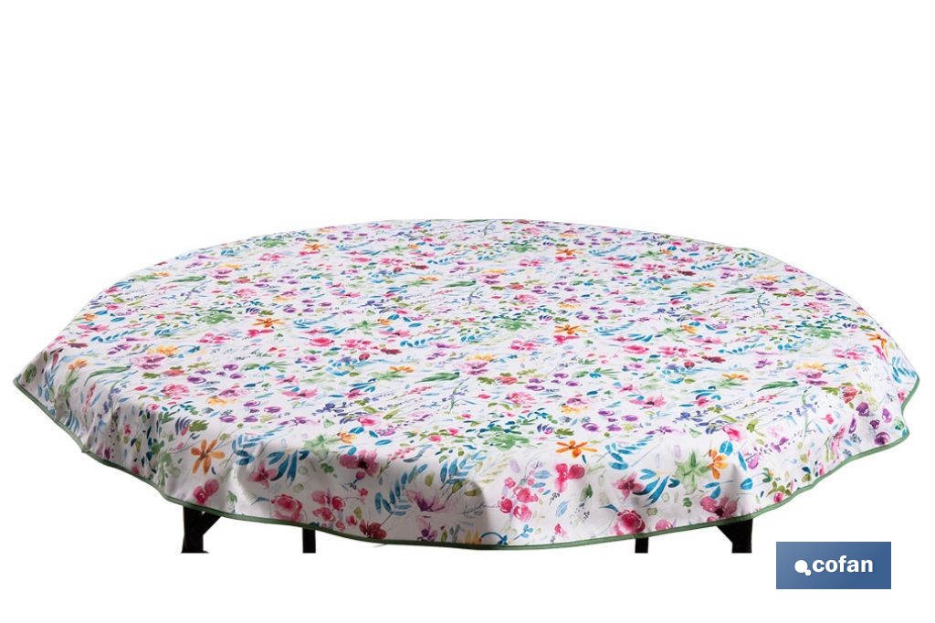 Mantel antimanchas resinado diseño prado silvestre | Materiales: 50 % algodón y 50 % poliéster | Fácil de limpiar | Mantel redondo de 1,40 m - Cofan