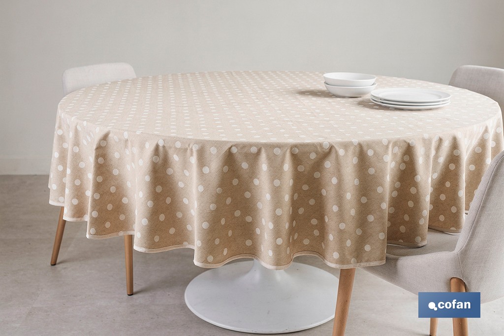 Mantel antimanchas resinado diseño topos lino | Materiales: 50 % algodón y 50 % poliéster | Fácil de limpiar | Mantel redondo de 1,40 m - Cofan