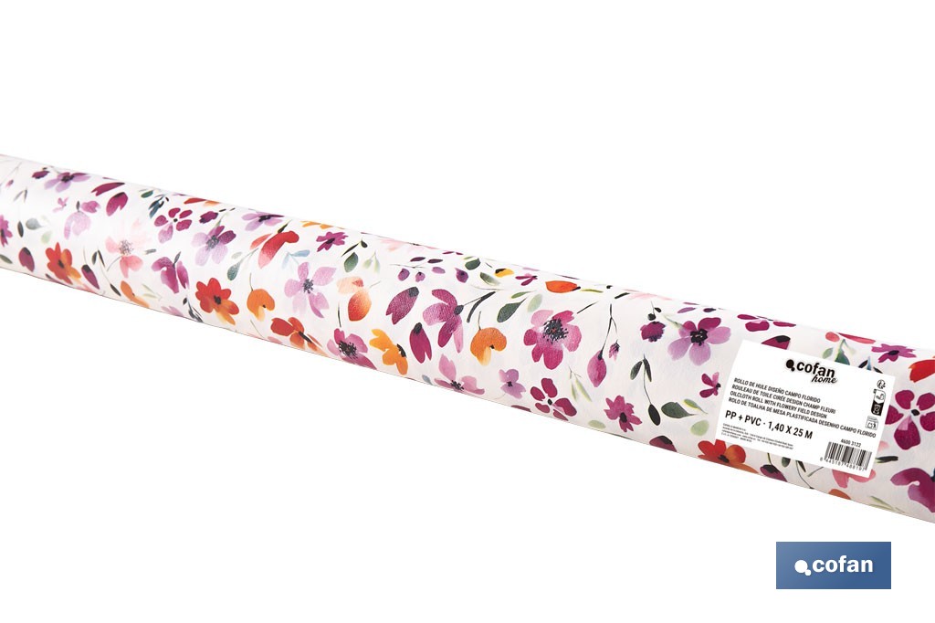 Rollo de hule estampado campo florido | Materiales: PVC y tela no tejida de polipropileno | Fácil limpieza | Medidas 1,40 x 25 m - Cofan