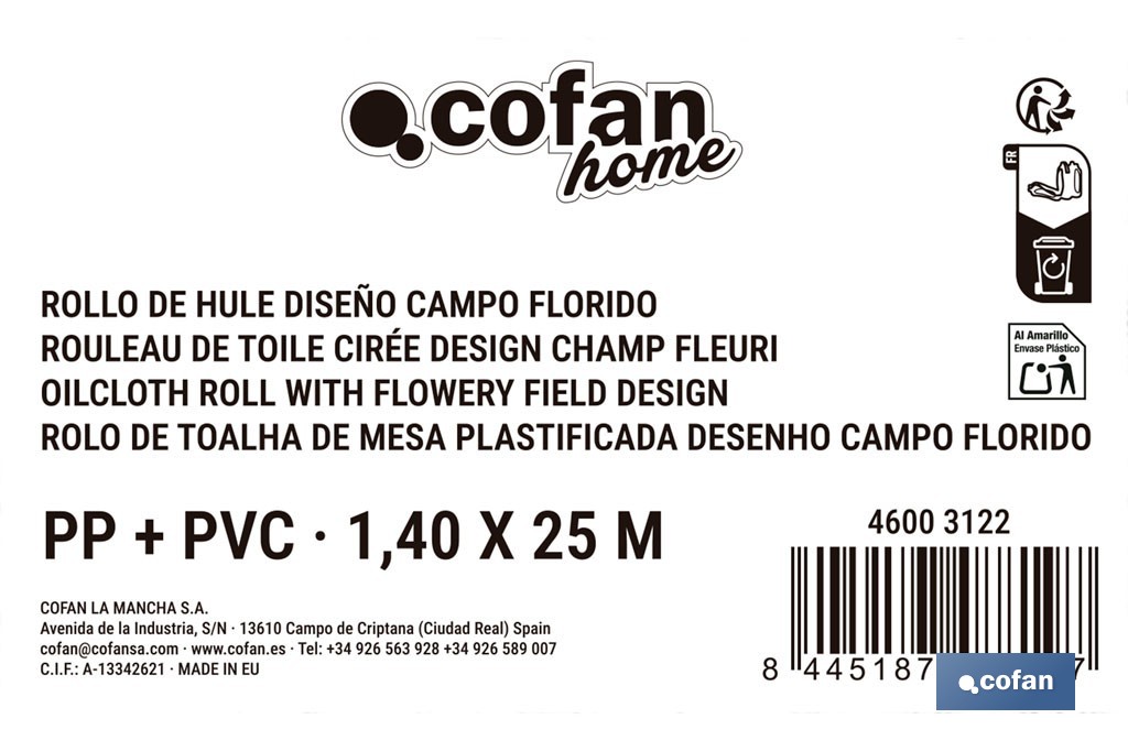 Rollo de hule estampado campo florido | Materiales: PVC y tela no tejida de polipropileno | Fácil limpieza | Medidas 1,40 x 25 m - Cofan