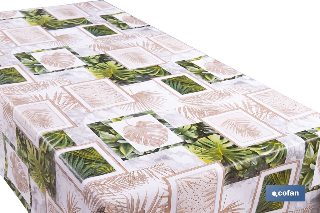 Rollo de hule estampado verde tropical | Materiales: PVC y tela no tejida de polipropileno | Fácil limpieza | Medidas 1,40 x 25 m - Cofan