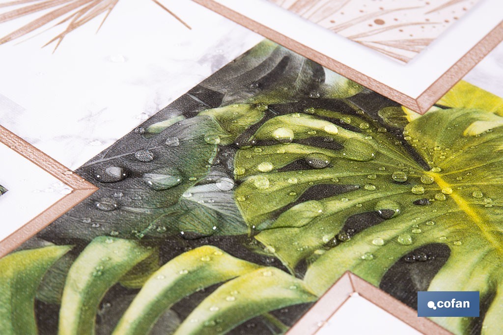 Rollo de hule estampado verde tropical | Materiales: PVC y tela no tejida de polipropileno | Fácil limpieza | Medidas 1,40 x 25 m - Cofan