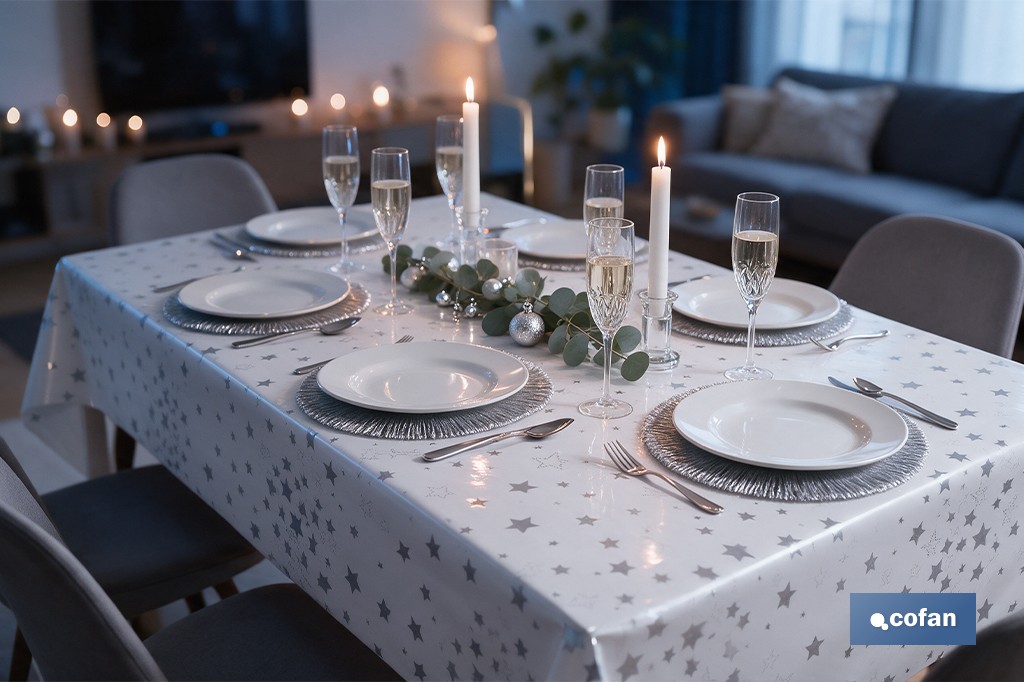 Rollo de hule para mesa con estampado navideño | Diseño de Estrellas Plateadas - Cofan