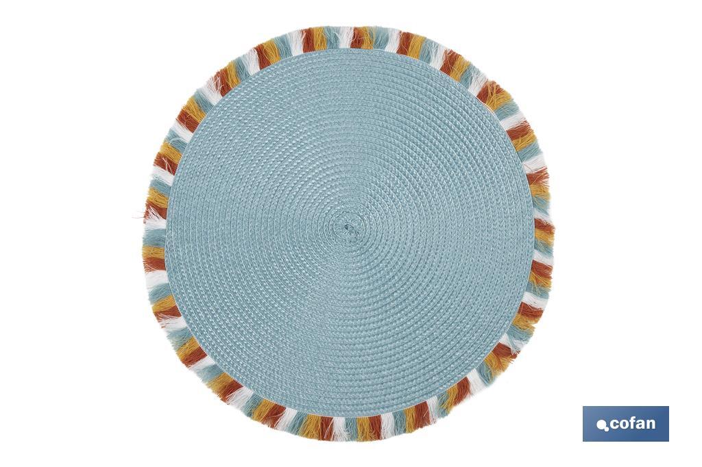 Sous-plats ronds avec des franges de couleurs | Couleur : bleu | Sets de table individuels | Pack de 6 unités | Diamètre : 38 cm - Cofan