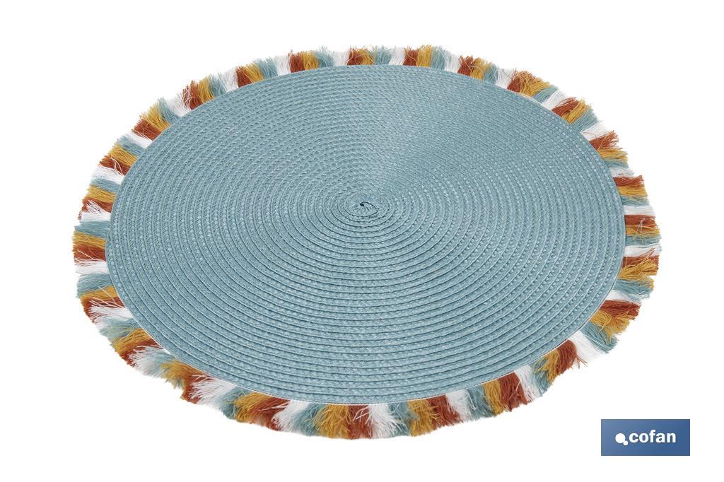 Sous-plats ronds avec des franges de couleurs | Couleur : bleu | Sets de table individuels | Pack de 6 unités | Diamètre : 38 cm - Cofan