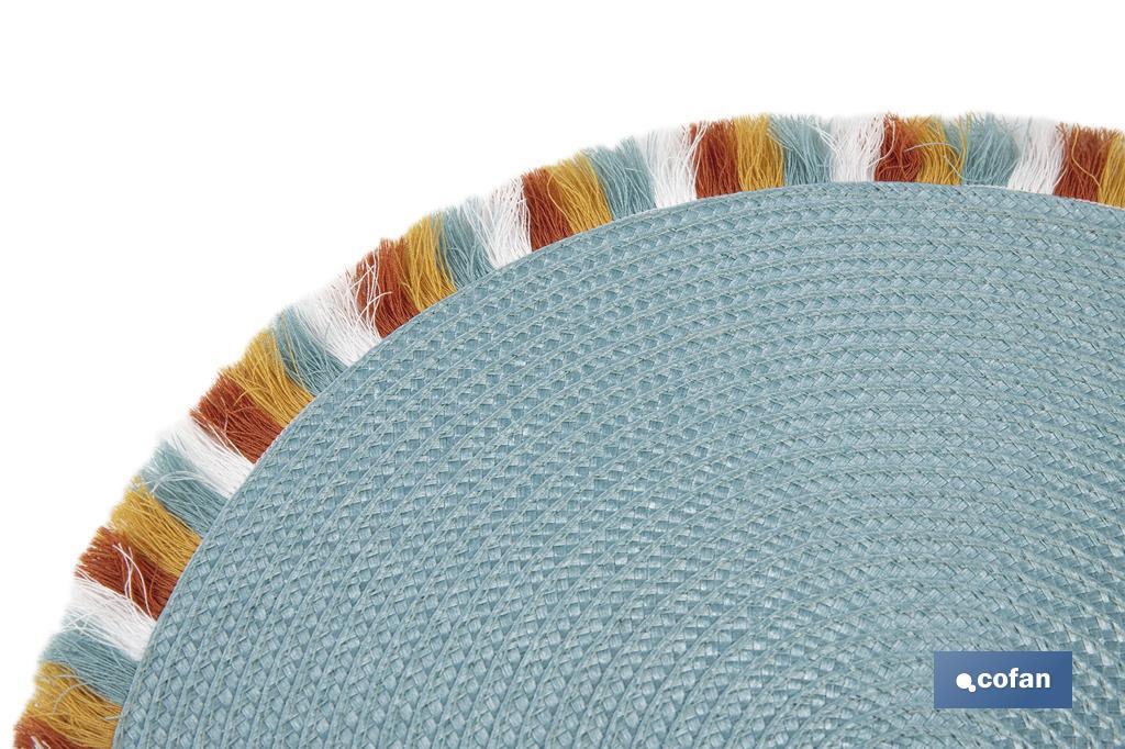 Sous-plats ronds avec des franges de couleurs | Couleur : bleu | Sets de table individuels | Pack de 6 unités | Diamètre : 38 cm - Cofan