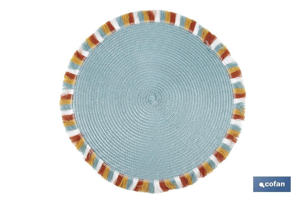Sous-plats ronds avec des franges de couleurs | Couleur : bleu | Sets de table individuels | Pack de 6 unités | Diamètre : 38 cm - Cofan