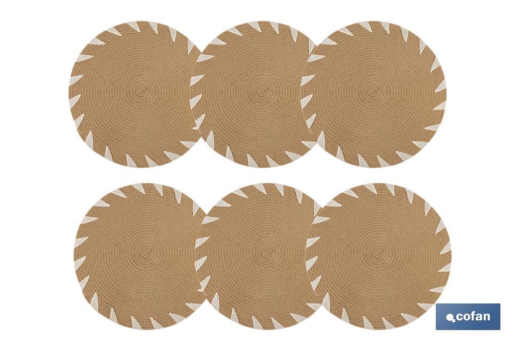 Sous-plats ronds avec des détails décoratifs | Pack de 6 sets de table individuels | Diamètre : 38 cm | Couleur : beige et blanc - Cofan