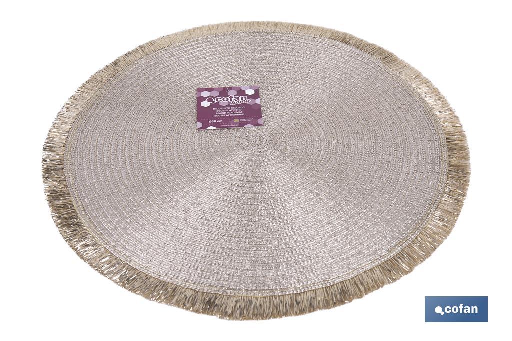 Decorative fringed round placemats | Available in gold and silver | Packs of 6 table mats | Diameter: 38 cm - Cofan