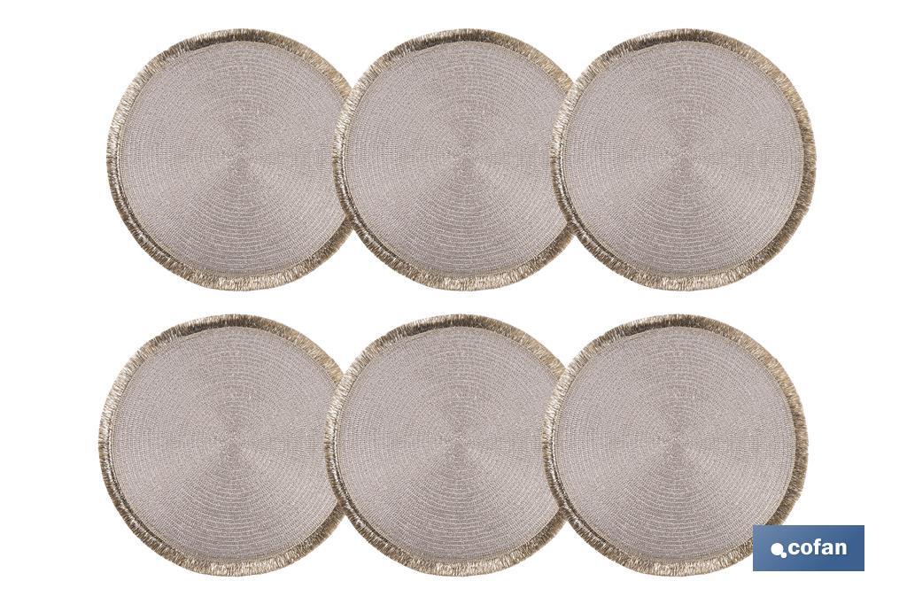 Decorative fringed round placemats | Available in gold and silver | Packs of 6 table mats | Diameter: 38 cm - Cofan