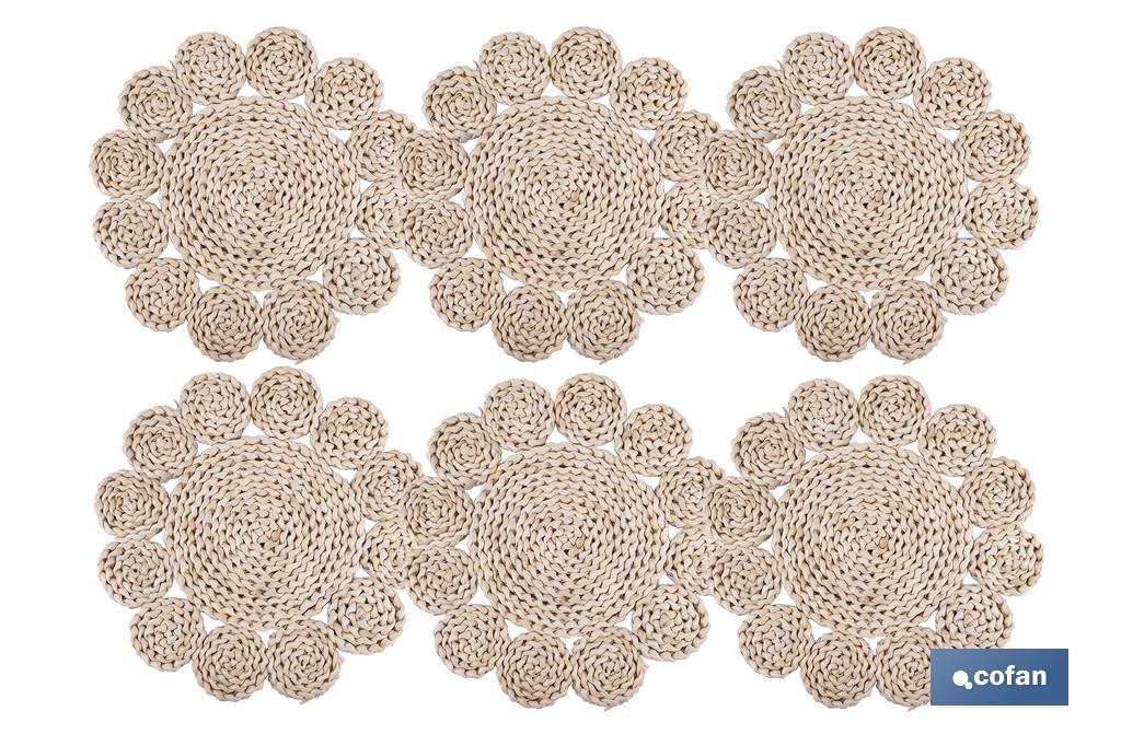 Bajoplatos con formas circulares | Packs de 6 salvamanteles individuales | Material: fibra natural | Diámetro: 35 cm | Decoración única y protección para la mesa - Cofan