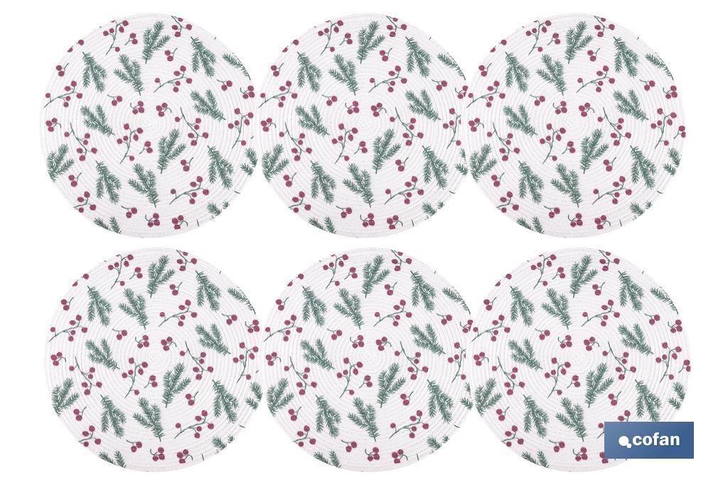 Bajoplatos redondos de Navidad | Diseño con ramas verdes y bayas rojas | Packs de 6 salvamanteles individuales | Diámetro: 38 cm - Cofan