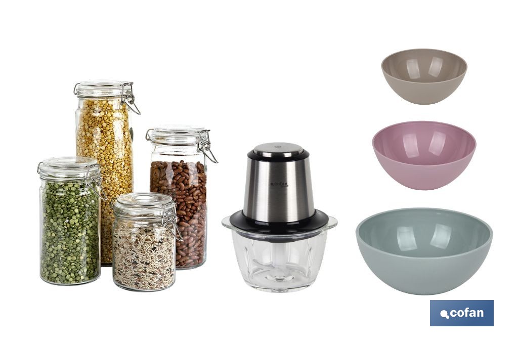 Pack de picadora eléctrica 400 W 1,2 l, 4 tarros herméticos de vidrio, 3 bols de cocina multiusos - Cofan