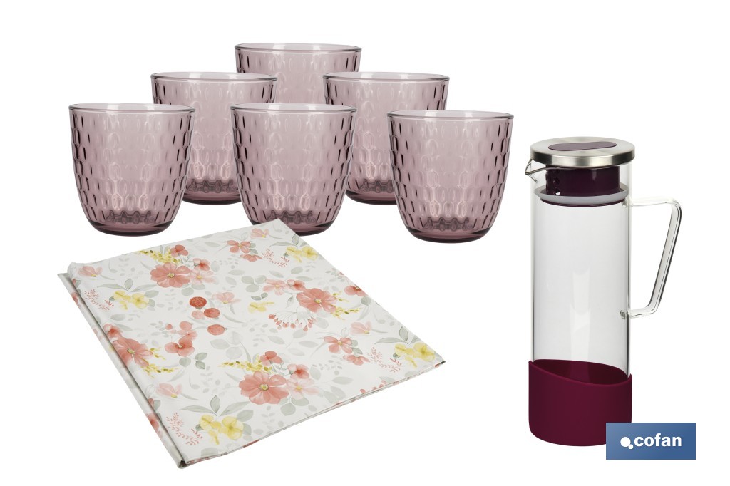 Pack de jarra de vidrio borosilicato, 6 vasos de vidrio y hule antimanchas | Disponible en diferentes colores y diseños - Cofan