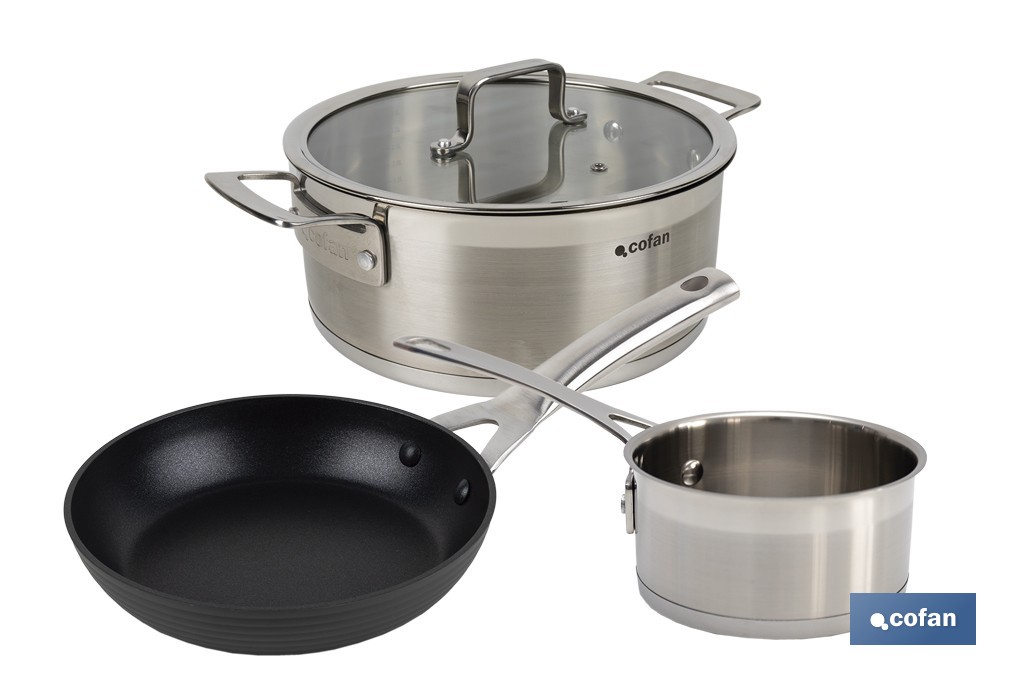 Pack de cacerola (4,3 litros) con tapa y cazo (1 litro) de acero inoxidable, sartén de inducción Ø20 cm - Cofan