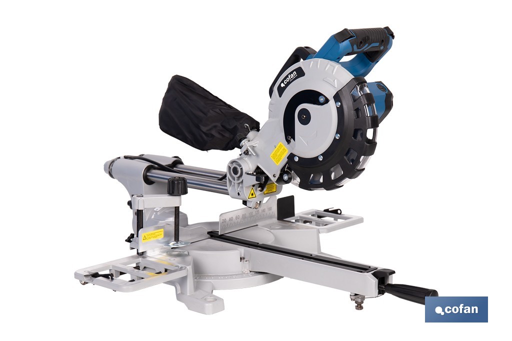 Ingletadora eléctrica 1450 W Ø210 mm 5000 rpm | Corte preciso con guía láser, doble bisel, barra deslizante y bolsa de serrín - Cofan
