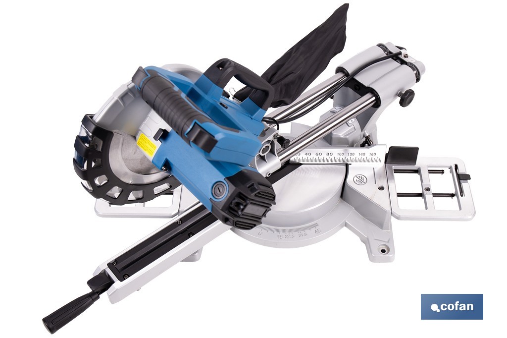 Ingletadora eléctrica 1450 W Ø210 mm 5000 rpm | Corte preciso con guía láser, doble bisel, barra deslizante y bolsa de serrín - Cofan